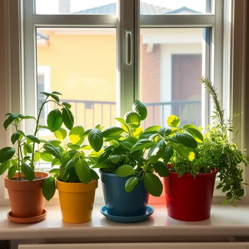 A sunny kitchen window brimming with fresh herbs.