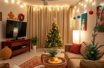 A happy holiday party in a small apartment with guests enjoying food and drinks.
