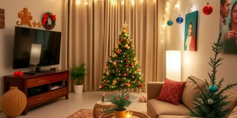 A happy holiday party in a small apartment with guests enjoying food and drinks.