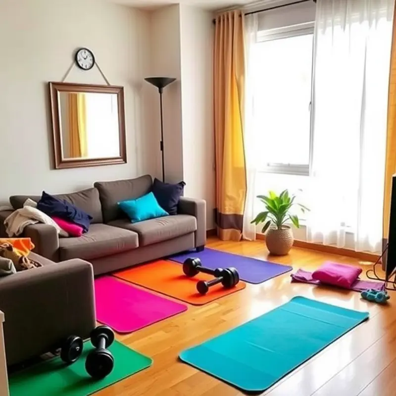 A cozy apartment living room turned home gym.