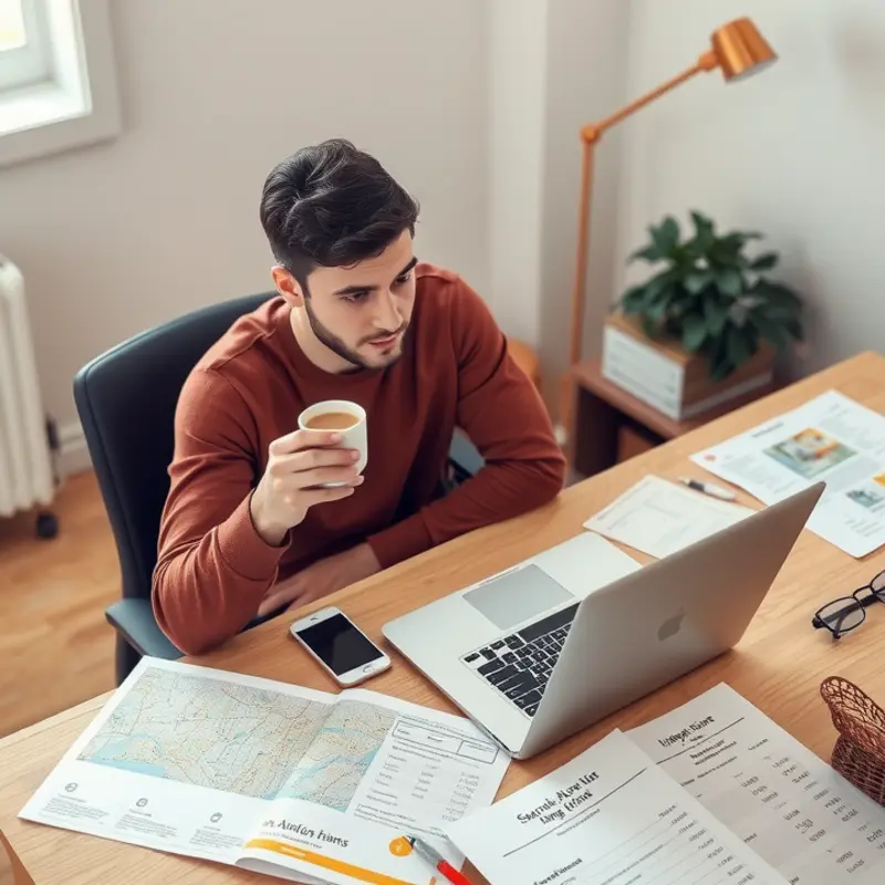 A focused young adult strategizing their apartment search with notes and coffee.