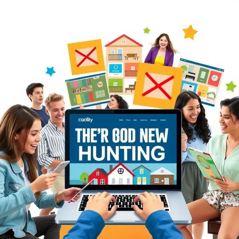 Young adults enjoy apartment hunting on their laptops, exploring a variety of listings.