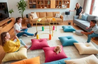 A happy family having fun with indoor sports in a vibrant apartment.