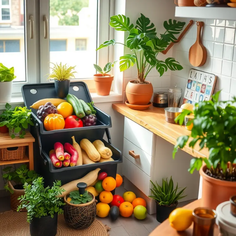 An inviting kitchen space with a compost bin ready for use.