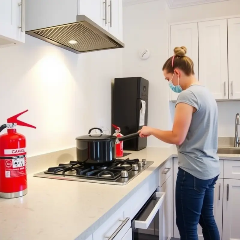 Renter practicing safe cooking in a modern apartment kitchen.