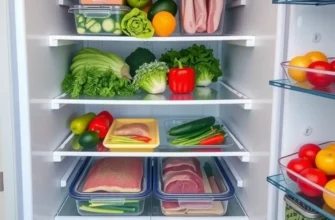 A modern kitchen with a clean refrigerator and fresh food items on display.