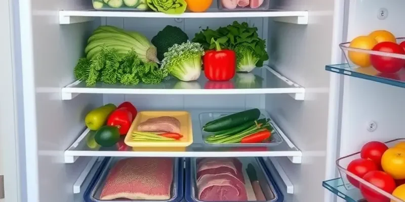 A modern kitchen with a clean refrigerator and fresh food items on display.