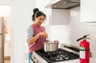 Well-organized apartment kitchen with visible safety features, emphasizing a secure cooking environment.