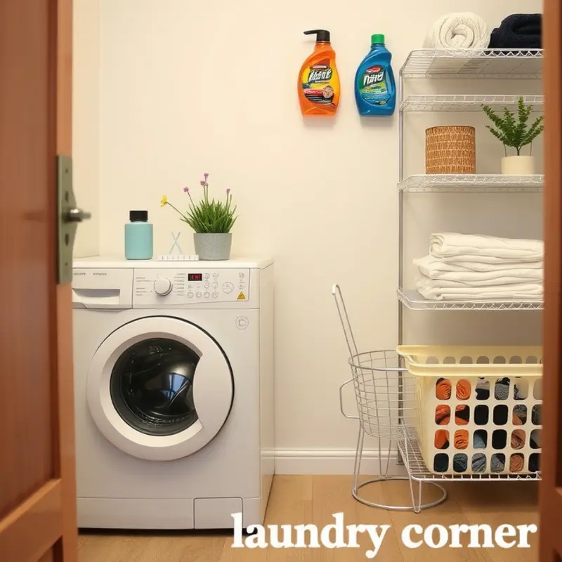 A well-organized and stylish laundry corner in an apartment.