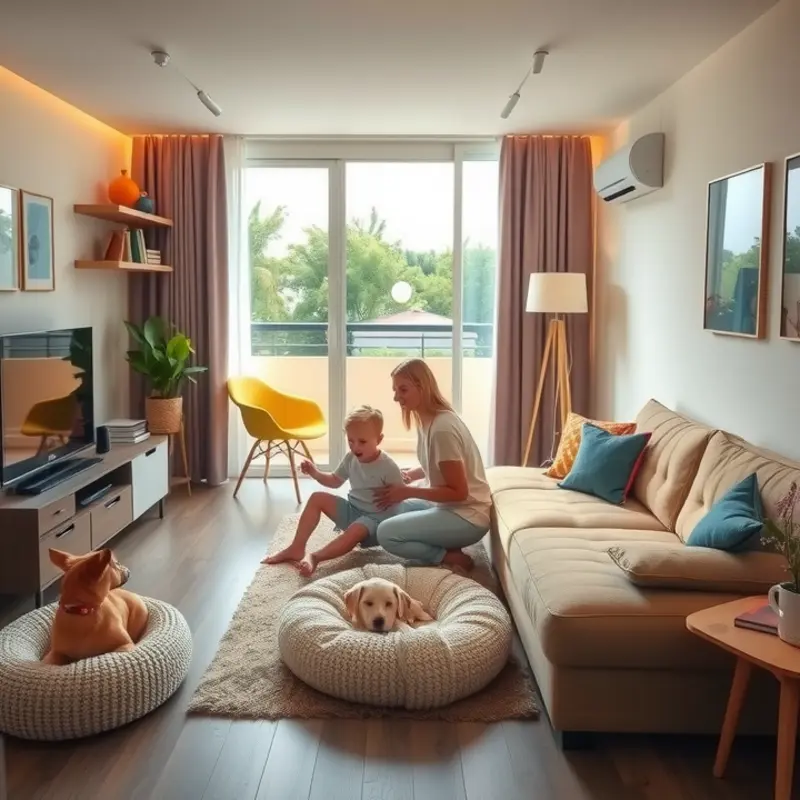 A child and pet-friendly apartment setup promoting comfort and safety.