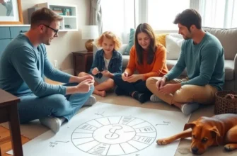 A cheerful living room filled with family games and decorations, depicting a warm home atmosphere.