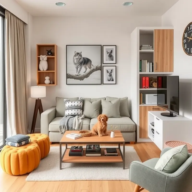 Stylish, space-saving pet-friendly apartment setup.