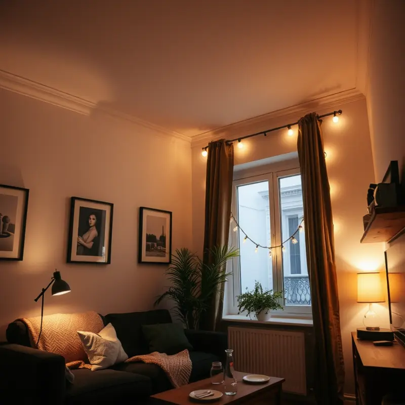 A layered lighting setup in a comfortable apartment living room.