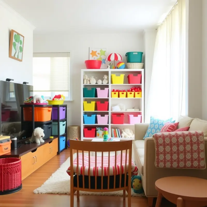 An organized apartment living space designed for both kids and pets.