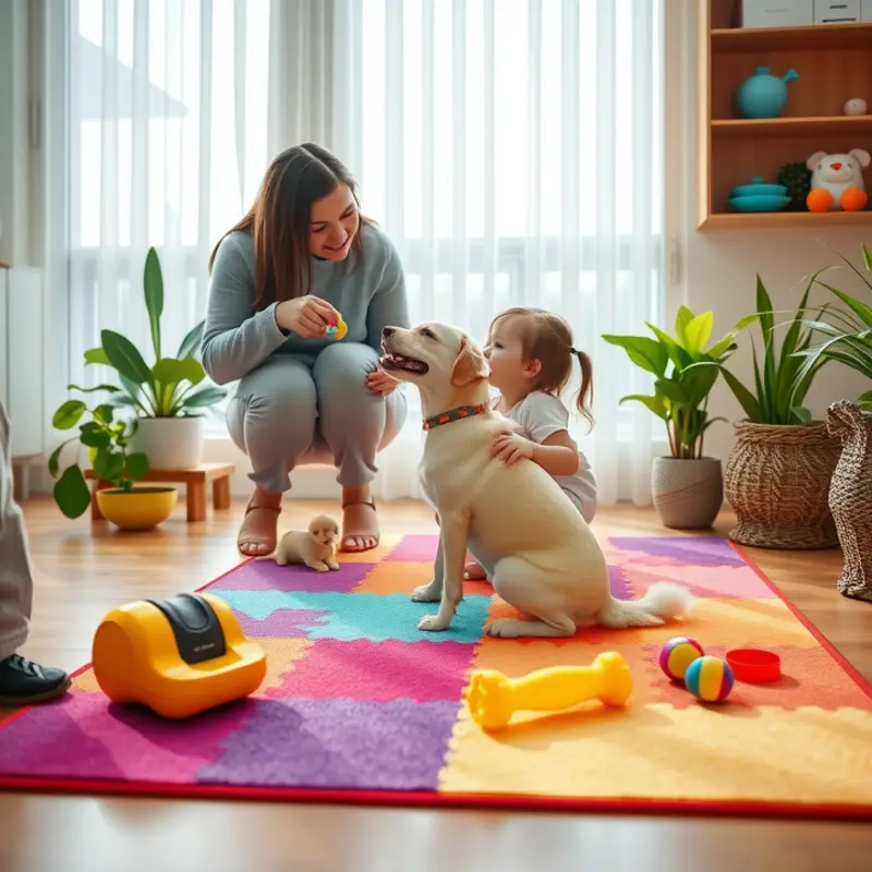 A harmonious small apartment designed for families with pets and children, showcasing thoughtful organization.