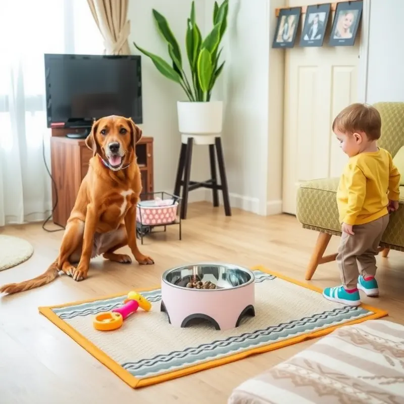 A designated pet feeding corner in an apartment, showcasing safety and style.