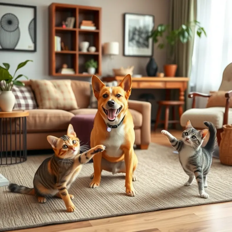A bright, cozy apartment where a dog and cat enjoy training with their owner.