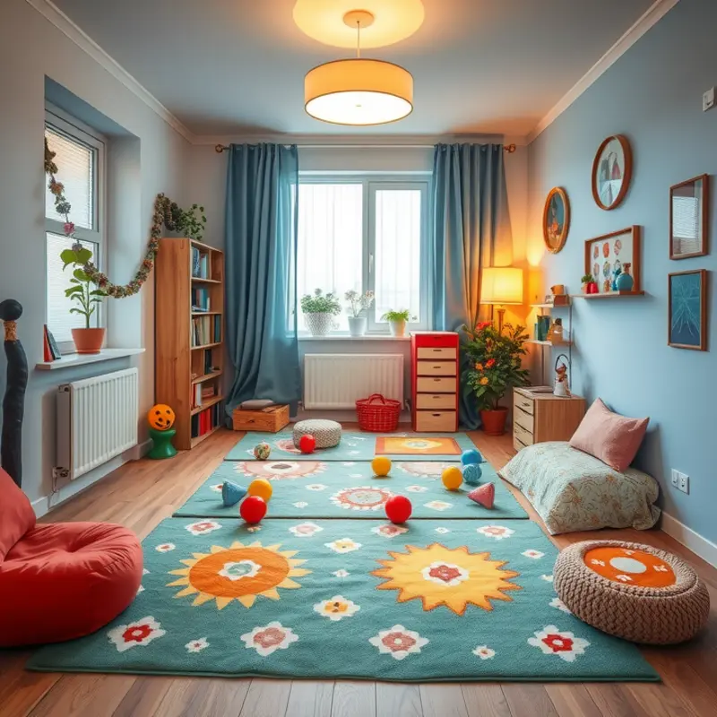 A vibrant play area in an apartment designed for safety and comfort for kids and pets.
