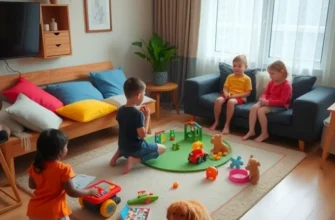 Families and pets enjoying a fun playdate in a cheerful apartment setting.