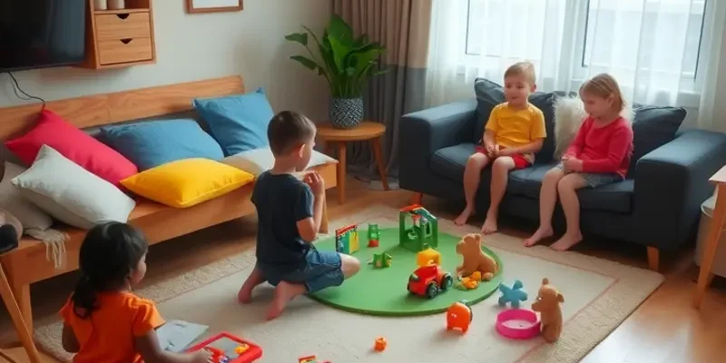Families and pets enjoying a fun playdate in a cheerful apartment setting.