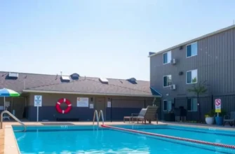 Sunset at an apartment swimming pool with guests safely enjoying the space