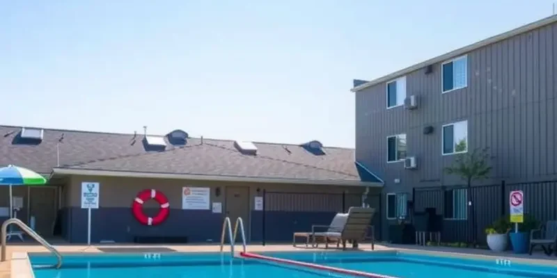 Sunset at an apartment swimming pool with guests safely enjoying the space