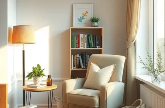 A cozy reading nook in an apartment with a chair, bookshelf, and warm ambiance.