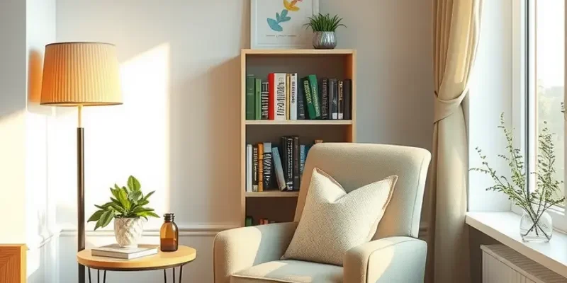 A cozy reading nook in an apartment with a chair, bookshelf, and warm ambiance.
