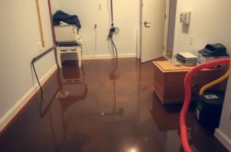 An apartment living room showing a contrast between a safe area and a flooded basement outside.