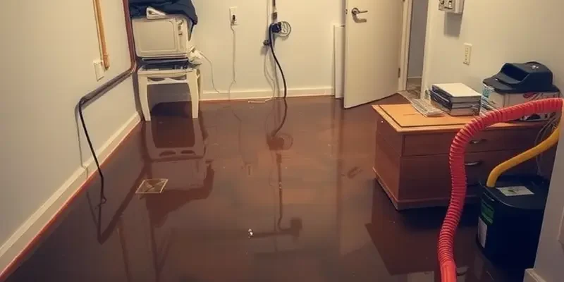 An apartment living room showing a contrast between a safe area and a flooded basement outside.