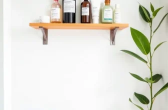 A warm, inviting apartment featuring organized skincare storage with beautiful containers and shelves.