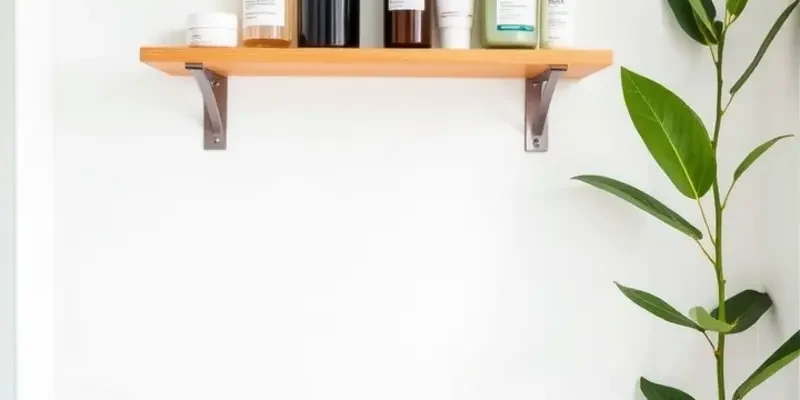 A warm, inviting apartment featuring organized skincare storage with beautiful containers and shelves.