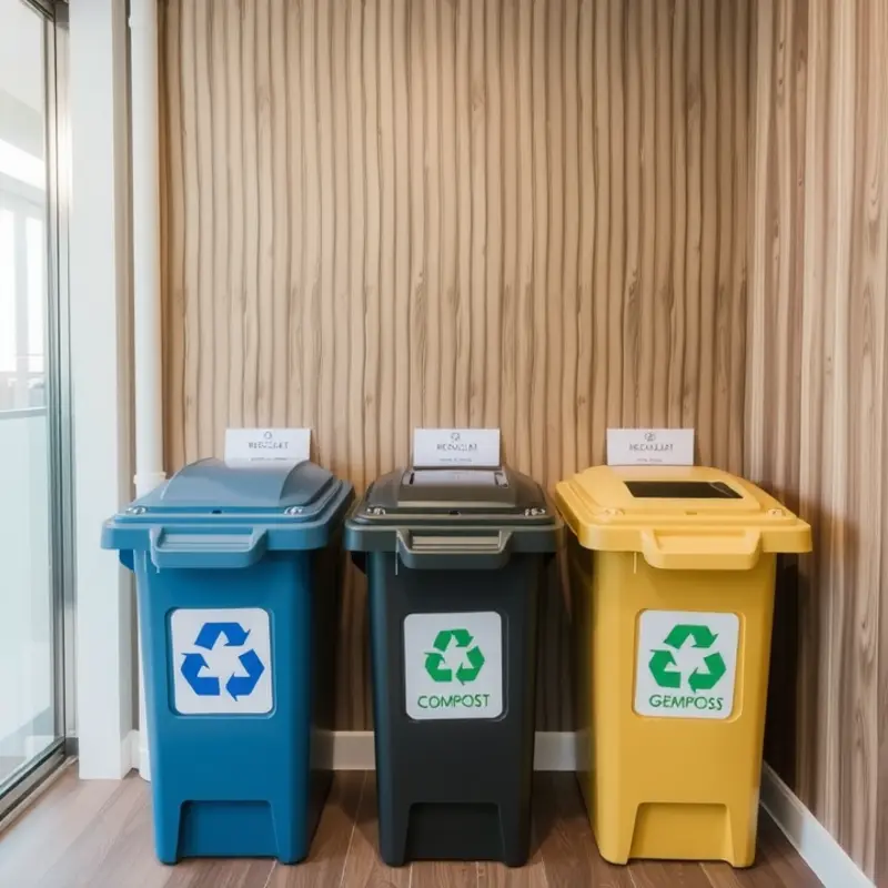 Organized trash and recycling area in an apartment complex.