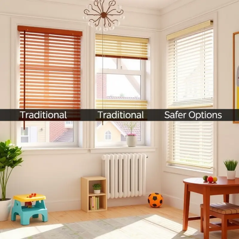 A range of window blinds in an apartment, emphasizing safety and style.