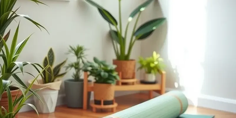 A peaceful yoga setup in a small apartment featuring mats, cushions, and calming decor.