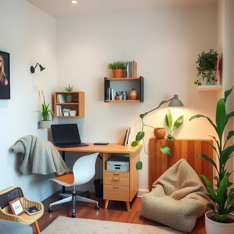 Distinct zones in an apartment designed for productivity and relaxation.