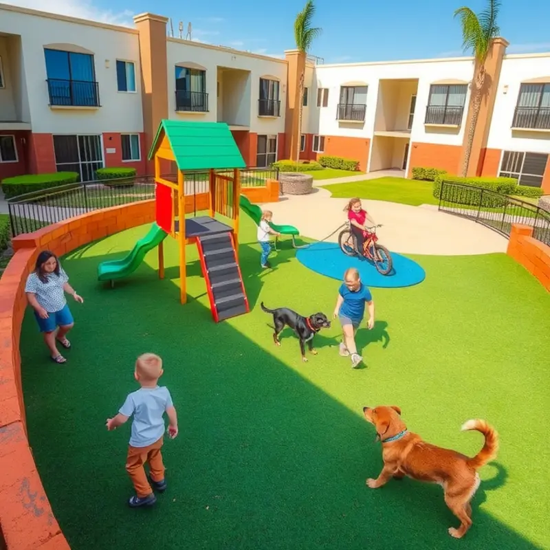 An inviting apartment playground designed with safety features for children and pets.