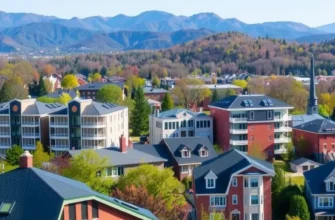 A colorful sunset over Asheville, NC, showcasing a lively urban atmosphere with cafes and parks.