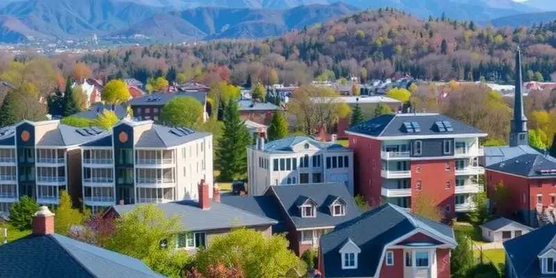 A colorful sunset over Asheville, NC, showcasing a lively urban atmosphere with cafes and parks.