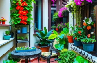 An inviting balcony scene with warm lights, plants, and comfortable seating at sunset.