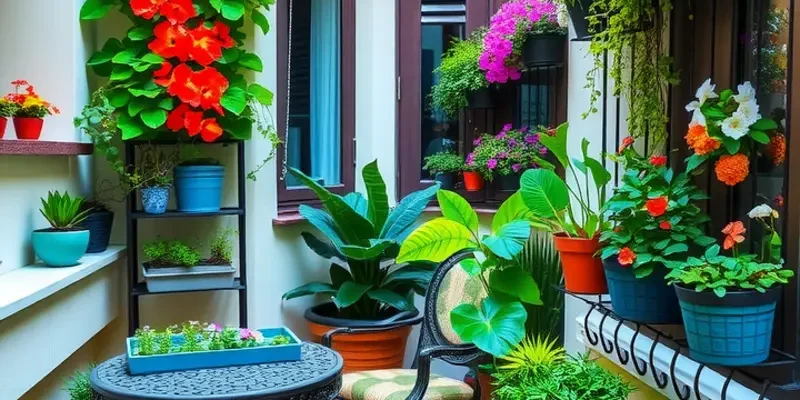 An inviting balcony scene with warm lights, plants, and comfortable seating at sunset.