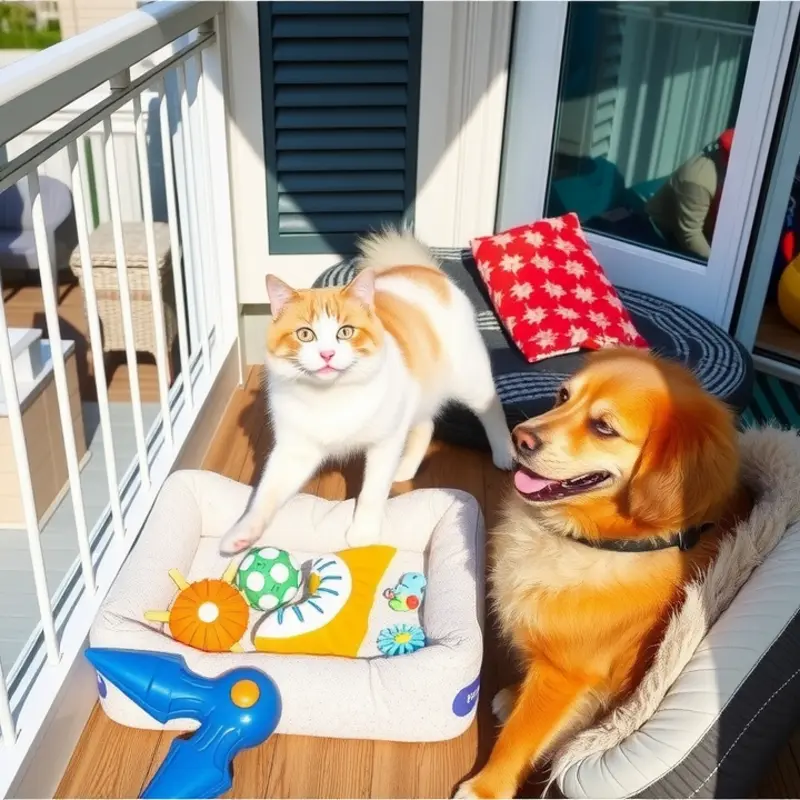 A beautiful pet-friendly balcony overlooking a cityscape, providing safety and comfort for pets.