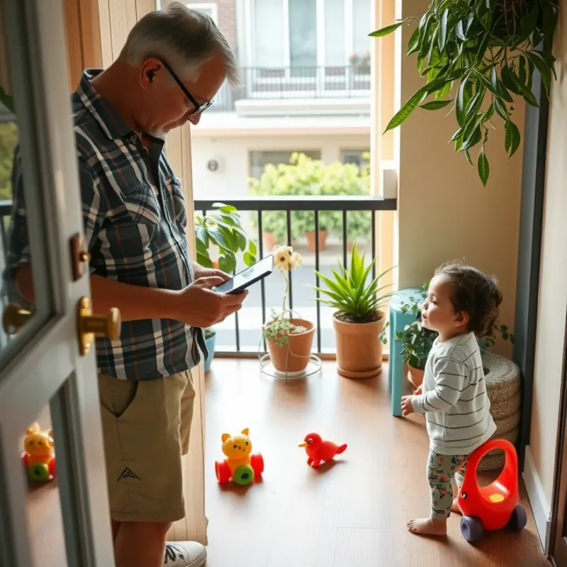 A parent assesses potential safety hazards on a balcony.
