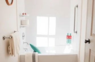A serene apartment bathroom with a cozy bathtub designed for safety and comfort.