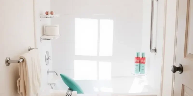 A serene apartment bathroom with a cozy bathtub designed for safety and comfort.