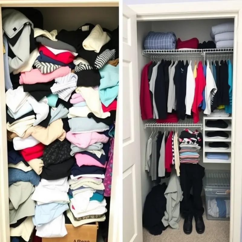 Maximized vertical space in a closet with shelves and tiered hanging options.