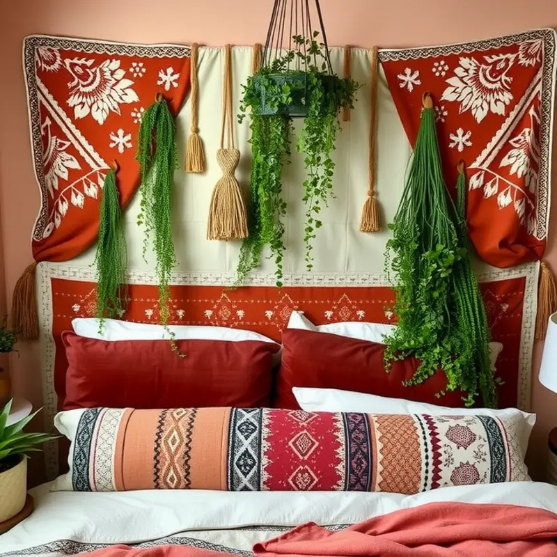 A stylish boho chic fabric headboard adding warmth and personality to a rental bedroom.