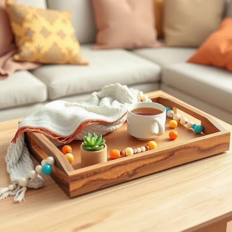 A stylish boho-inspired tray showcasing natural materials and vibrant decor.