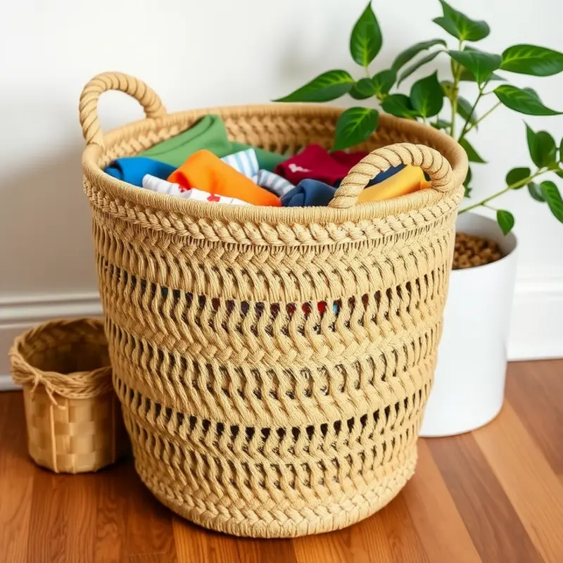 A stylish bohemian laundry basket made from jute rope, perfect for adding flair to your laundry space.