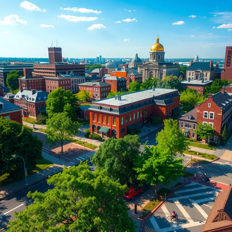 Aerial view of neighborhoods surrounding Boston University, illustrating a vibrant city life.